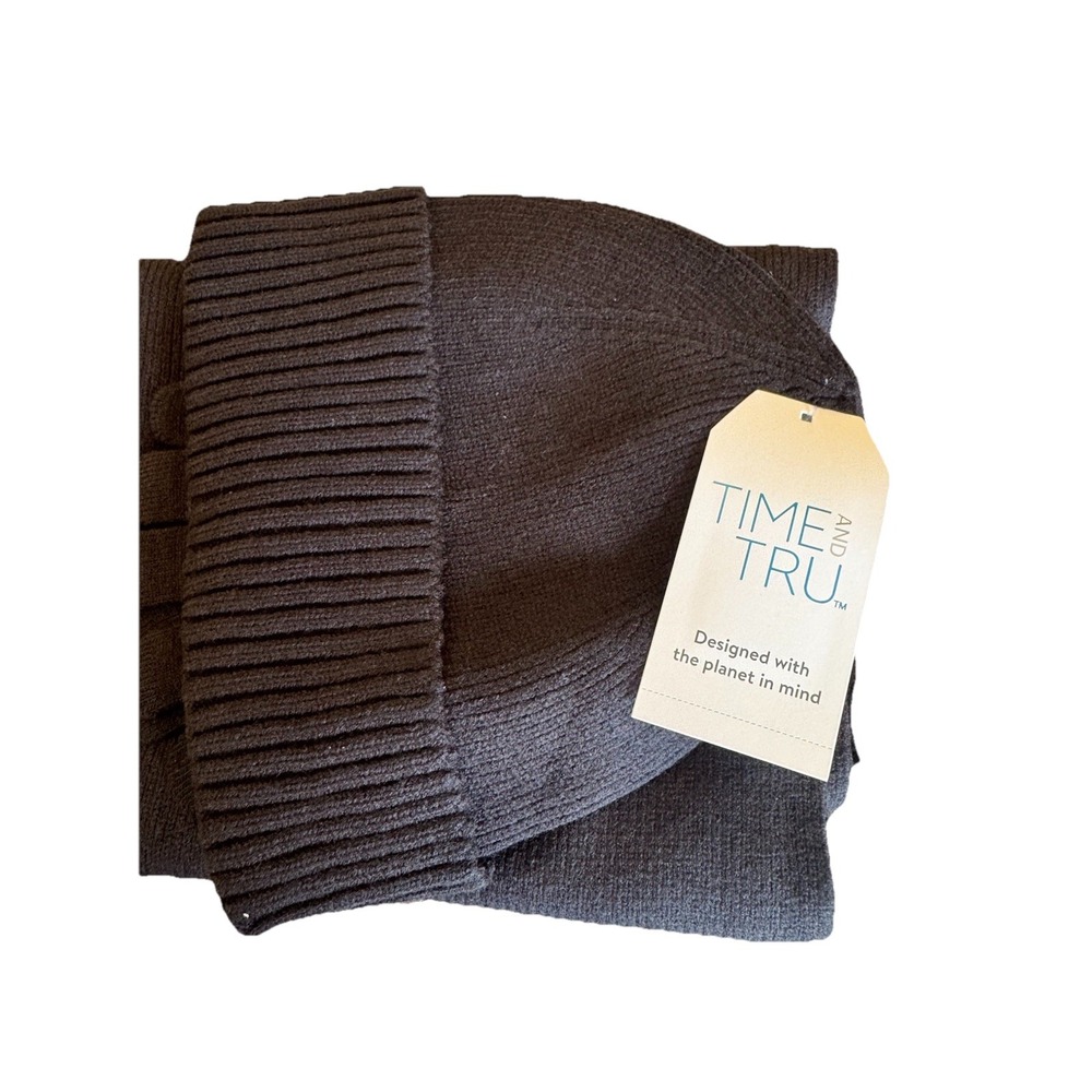 Time & Tru 3 Piece One Size Black Beanie Hat, Tech Gloves & Scarf Set NWT - Picture 5 of 6